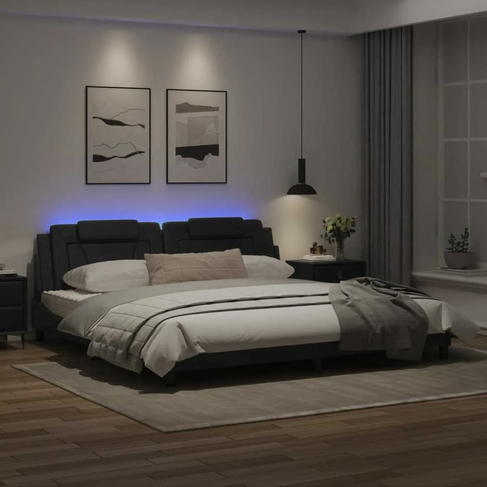 Lovos rėmas su LED, juodos spalvos, 200x200cm, dirbtinė oda