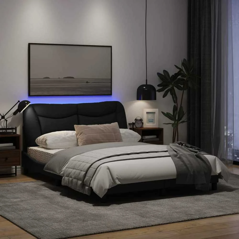 Lovos rėmas su LED, juodos spalvos, 140x200cm, audinys