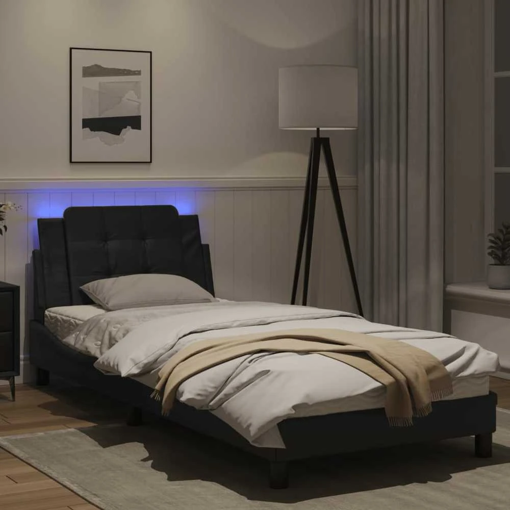 Lovos rėmas su LED, juodos spalvos, 80x200cm, dirbtinė oda