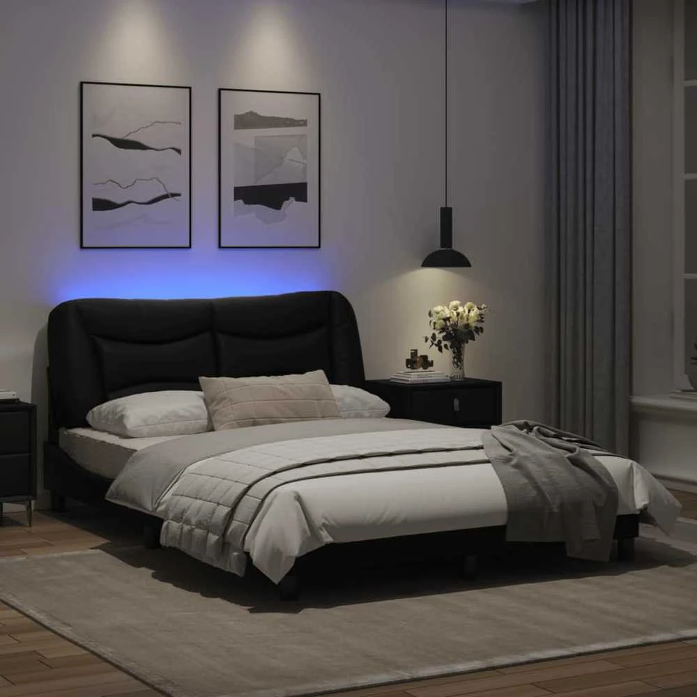 Lovos rėmas su LED, juodos spalvos, 120x200cm, dirbtinė oda