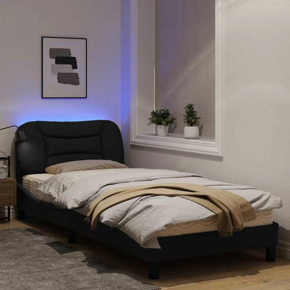 Lovos rėmas su LED, juodos spalvos, 90x190cm, audinys