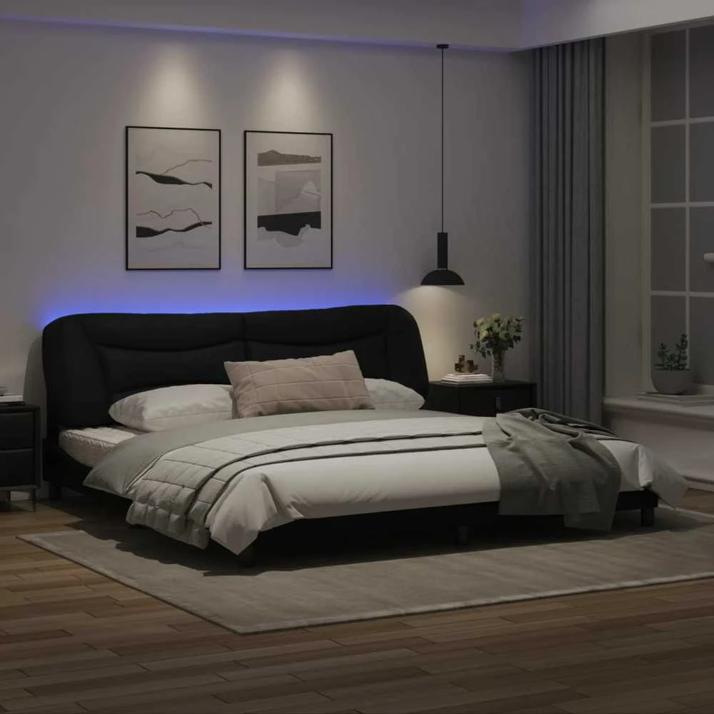 Lovos rėmas su LED, juodos spalvos, 200x200cm, dirbtinė oda