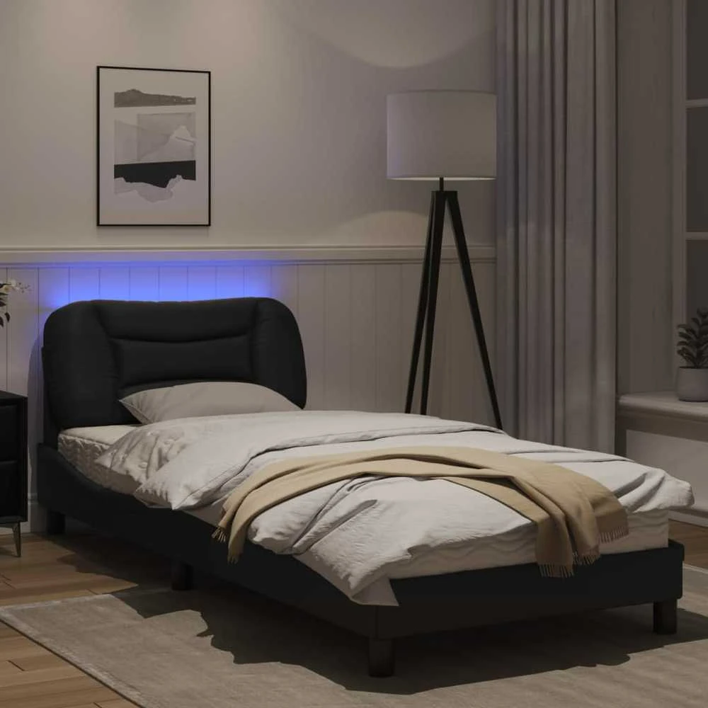 Lovos rėmas su LED, juodos spalvos, 90x200cm, dirbtinė oda