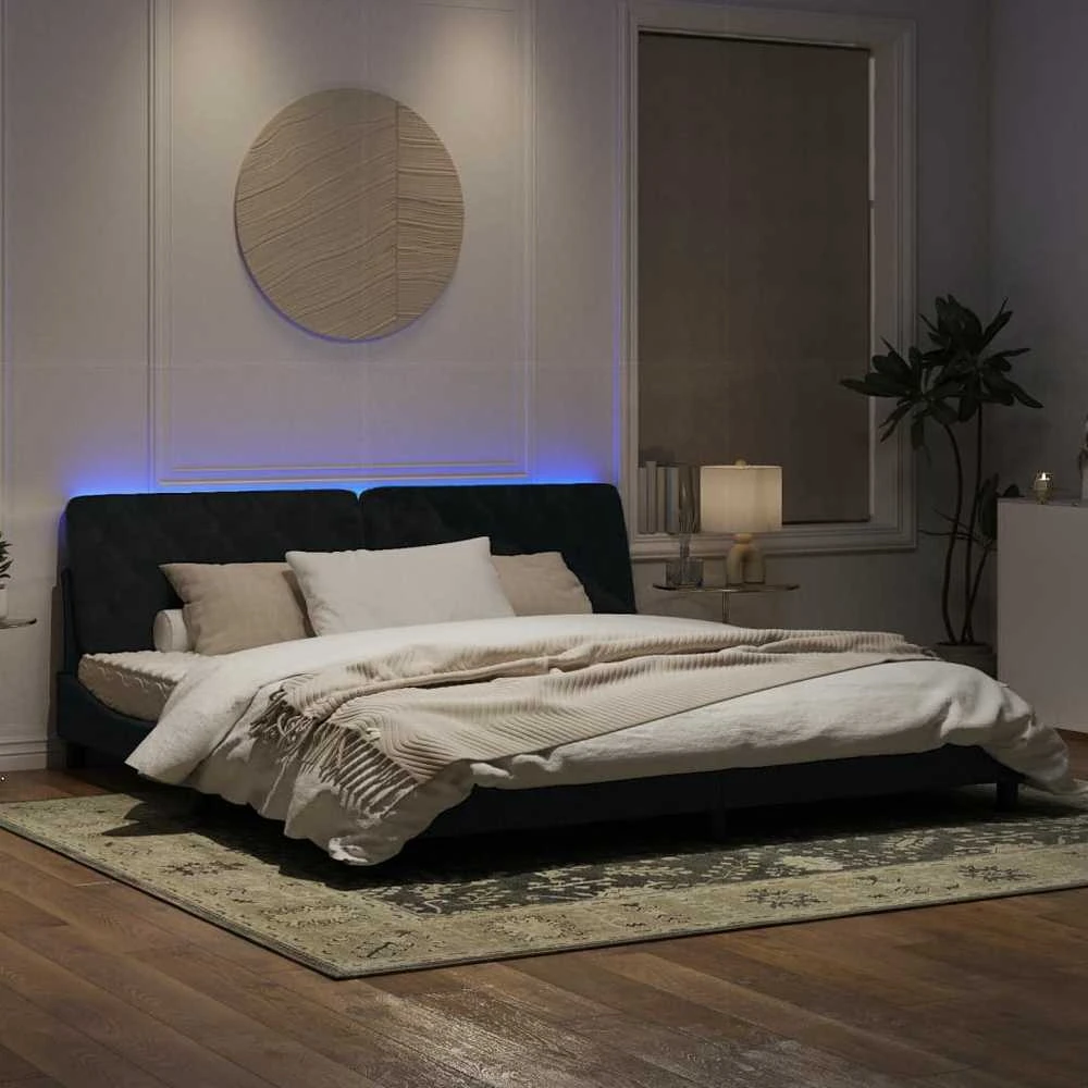Lovos rėmas su LED, juodos spalvos, 200x200cm, aksomas