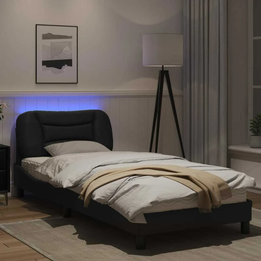 Lovos rėmas su LED, juodos spalvos, 80x200cm, dirbtinė oda