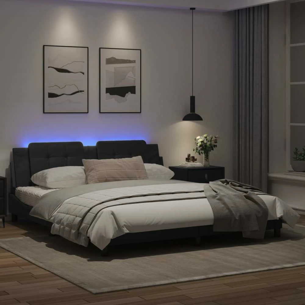 Lovos rėmas su LED, juodos spalvos, 180x200cm, dirbtinė oda