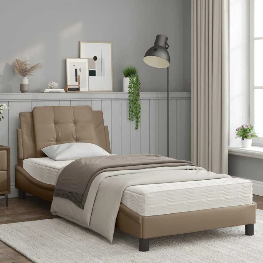 Lovos rėmas su LED, kapučino spalvos, 90x200cm, dirbtinė oda