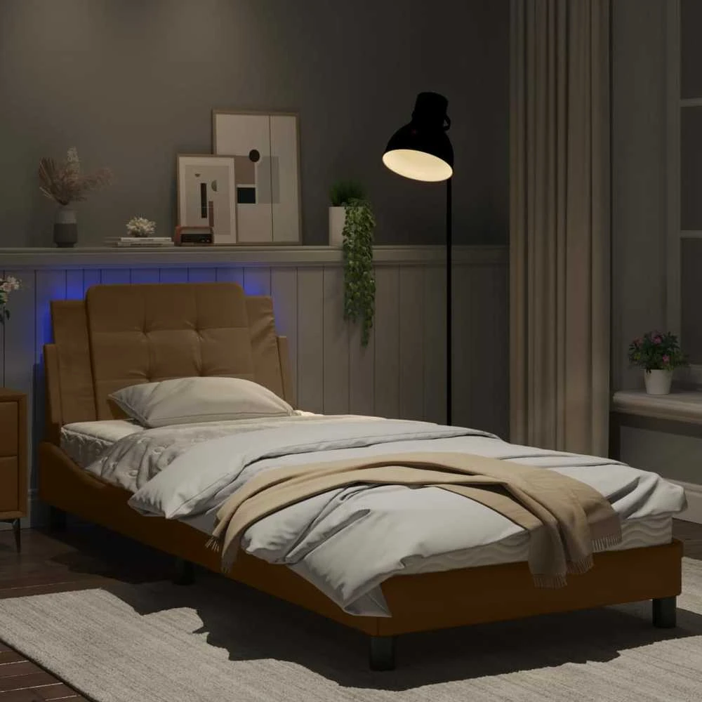 Lovos rėmas su LED, kapučino spalvos, 90x200cm, dirbtinė oda