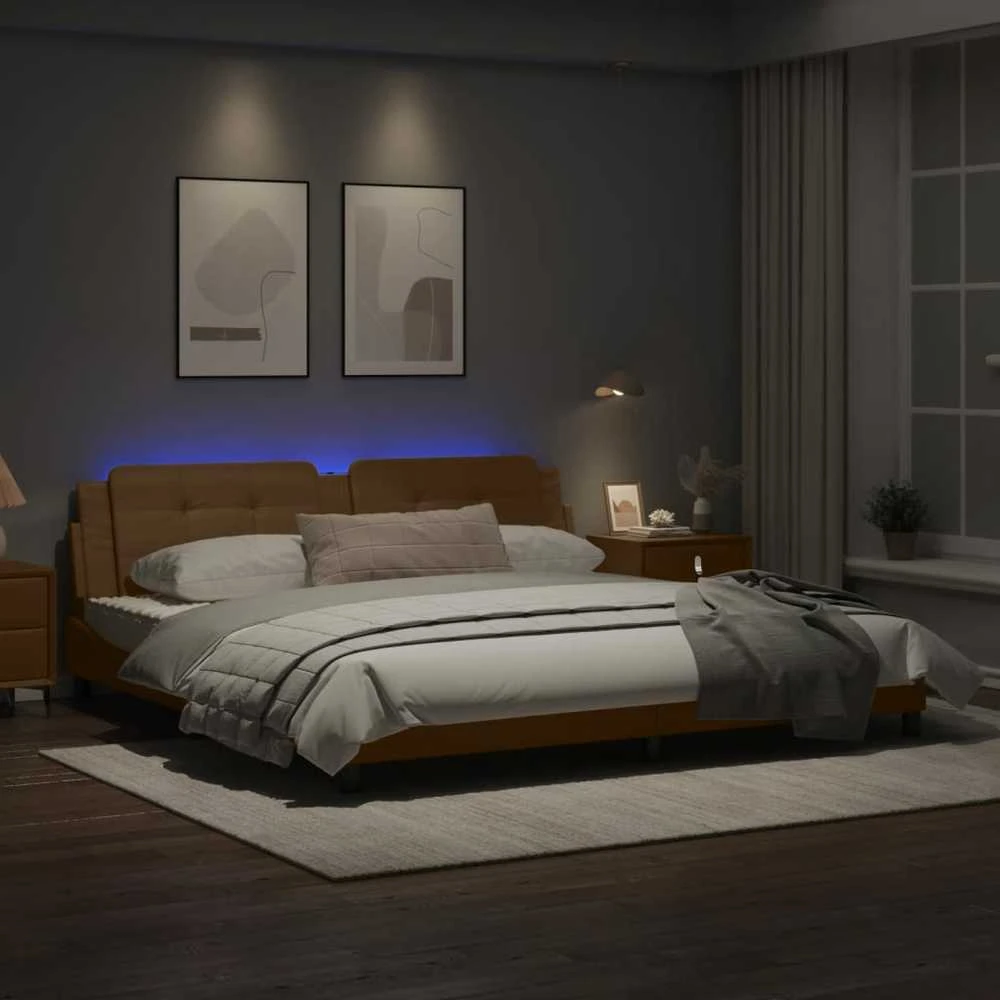 Lovos rėmas su LED, kapučino spalvos, 200x200cm, dirbtinė oda