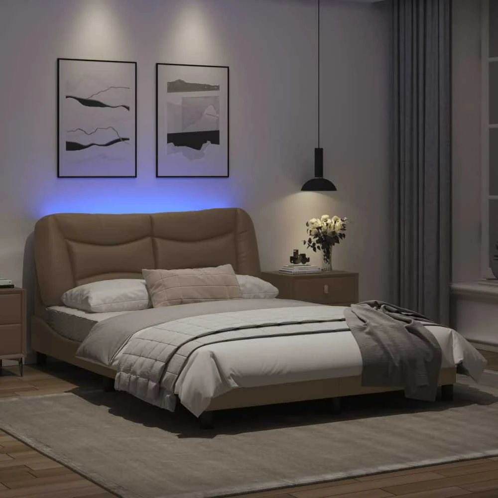 Lovos rėmas su LED, kapučino spalvos, 140x190cm, dirbtinė oda