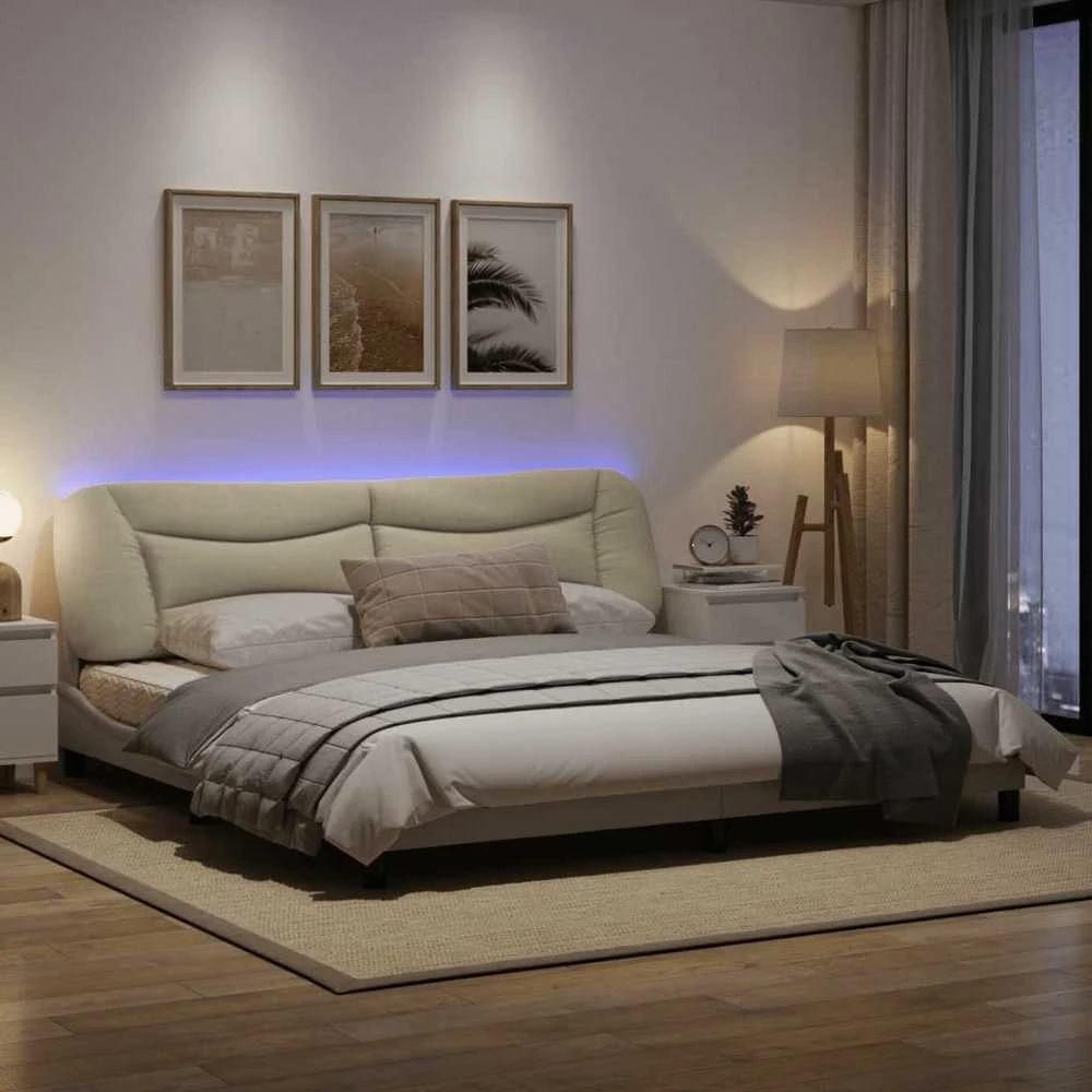 Lovos rėmas su LED, kreminės spalvos, 200x200cm, audinys