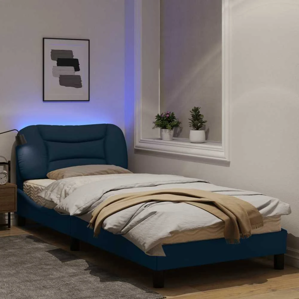Lovos rėmas su LED, mėlynos spalvos, 90x190cm, audinys