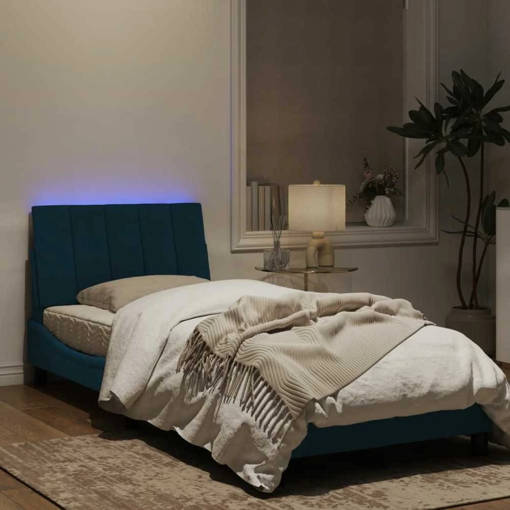 Lovos rėmas su LED, mėlynos spalvos, 90x190cm, aksomas