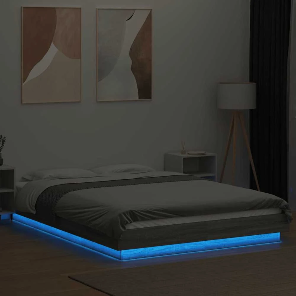 Lova Lovos rėmas su LED, pilkas ąžuolo, 135x190cm, apdirbta mediena