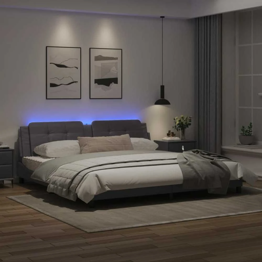 Lovos rėmas su LED, pilkos spalvos, 200x200cm, dirbtinė oda