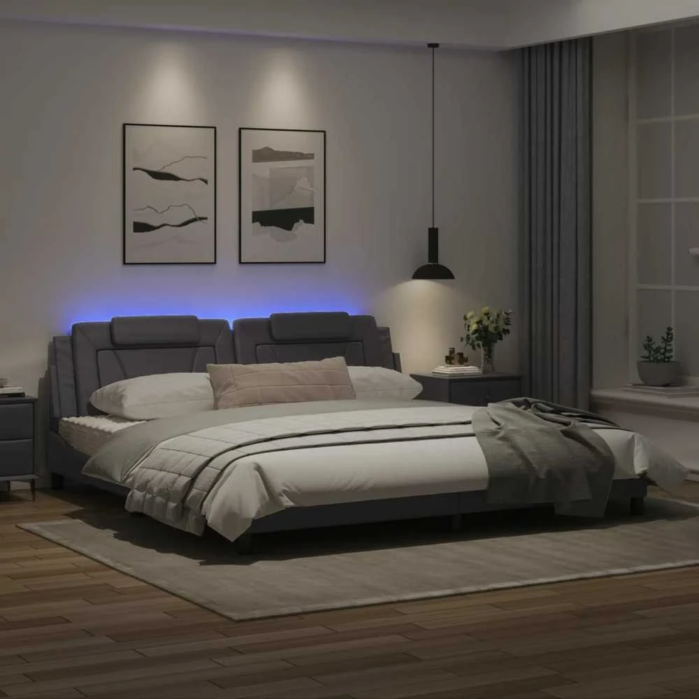 Lovos rėmas su LED, pilkos spalvos, 200x200cm, dirbtinė oda
