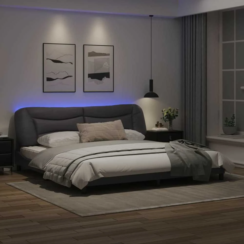 Lovos rėmas su LED, pilkos spalvos, 200x200cm, dirbtinė oda