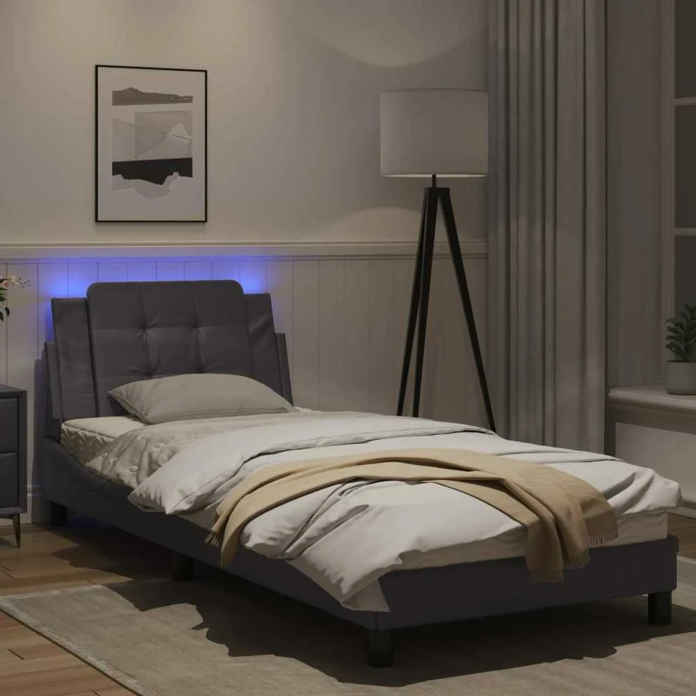 Lovos rėmas su LED, pilkos spalvos, 90x190cm, dirbtinė oda