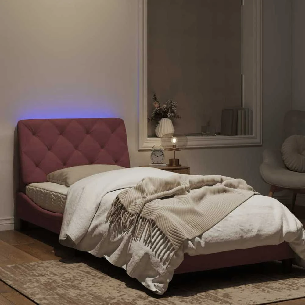 Lovos rėmas su LED, rožinės spalvos, 90x190cm, aksomas