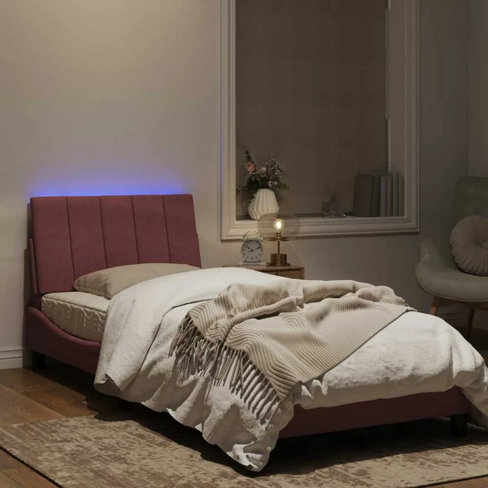 Lovos rėmas su LED, rožinės spalvos, 90x190cm, aksomas