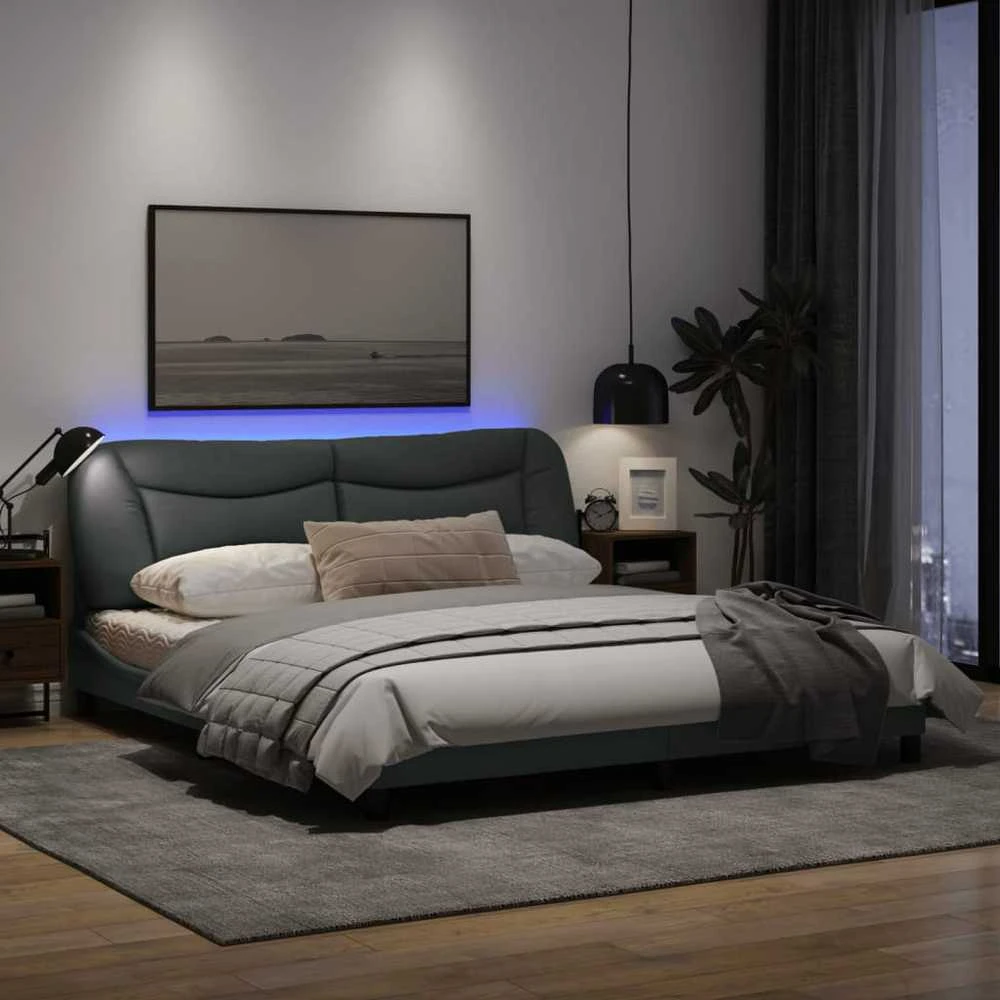 Lovos rėmas su LED, šviesiai pilkas, 180x200cm, audinys