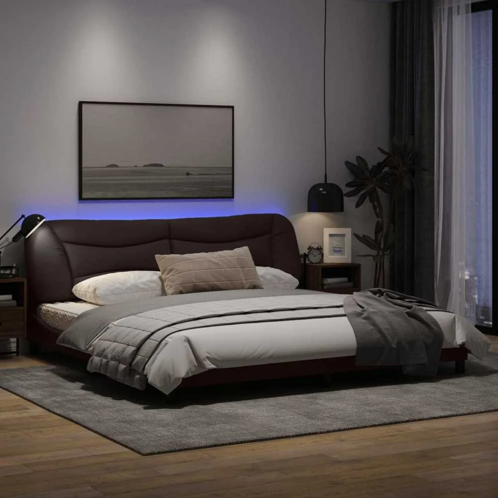 Lovos rėmas su LED, tamsiai rudas, 200x200cm, audinys