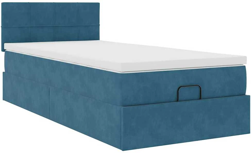 Osmanų lovos rėmas su čiužiniu, mėlynas, 80x200cm, aksomas