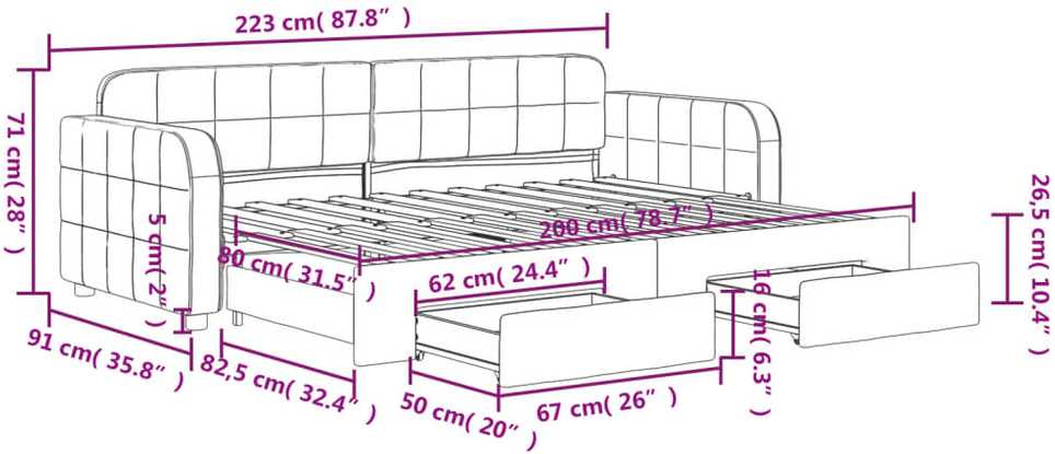 Lova su ištraukiama dalimi/stalčiais, mėlyna, 80x200cm, aksomas