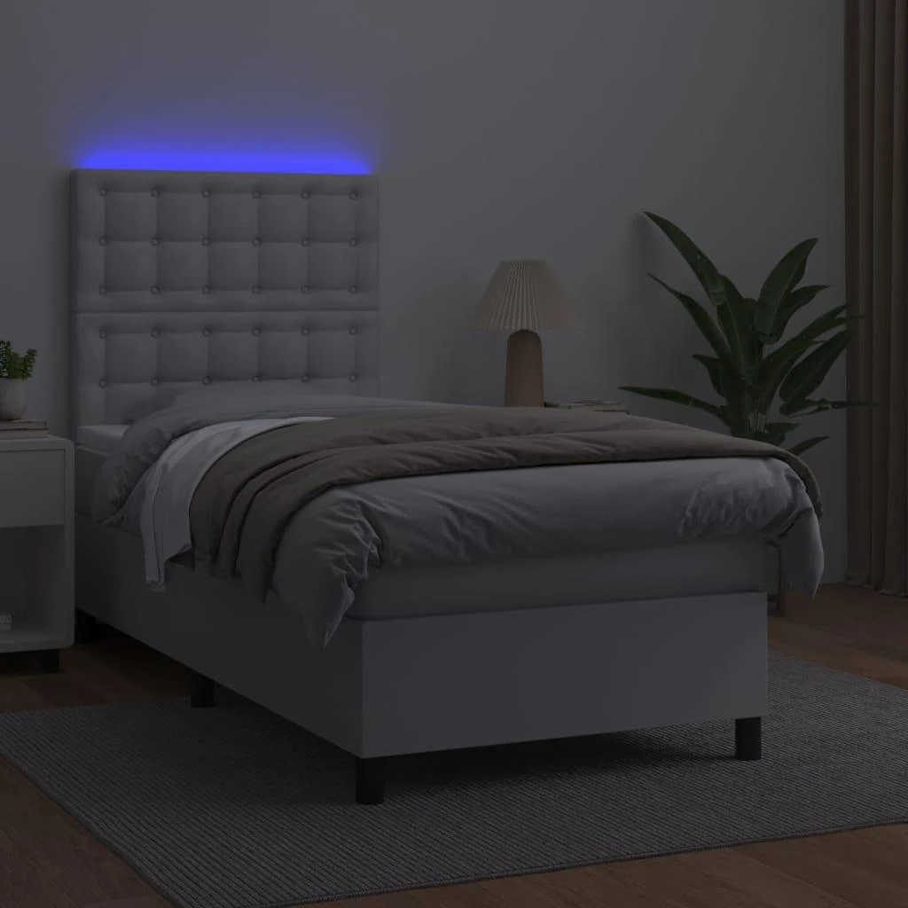 Lova su spyruoklėmis/čiužiniu/LED, balta, 90x190cm dirbtinė oda