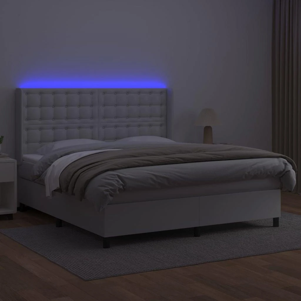 Lova su spyruoklėmis/čiužiniu/LED, balta 160x200cm dirbtinė oda