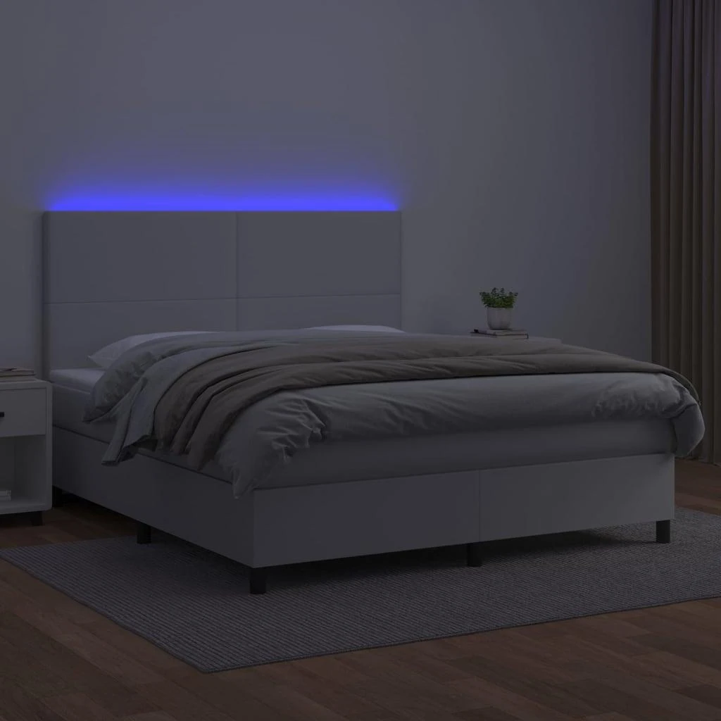 Lova su spyruoklėmis/čiužiniu/LED, balta 160x200cm dirbtinė oda