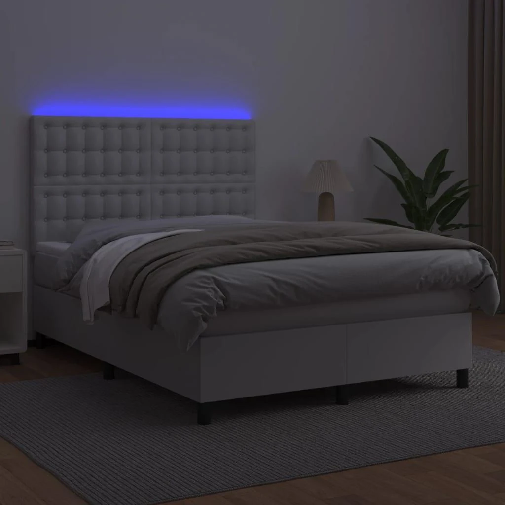 Lova su spyruoklėmis/čiužiniu/LED, balta 140x190cm dirbtinė oda