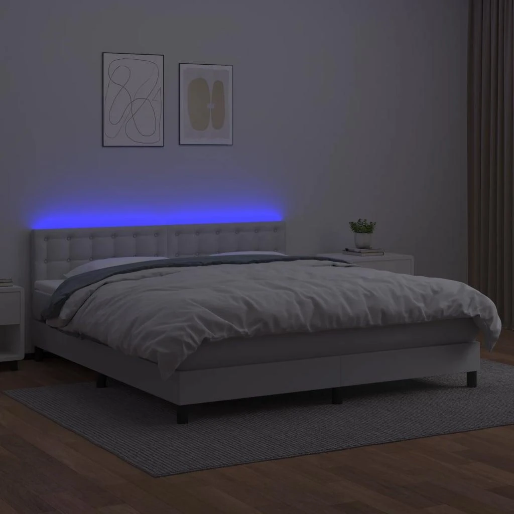Lova su spyruoklėmis/čiužiniu/LED, balta 160x200cm dirbtinė oda