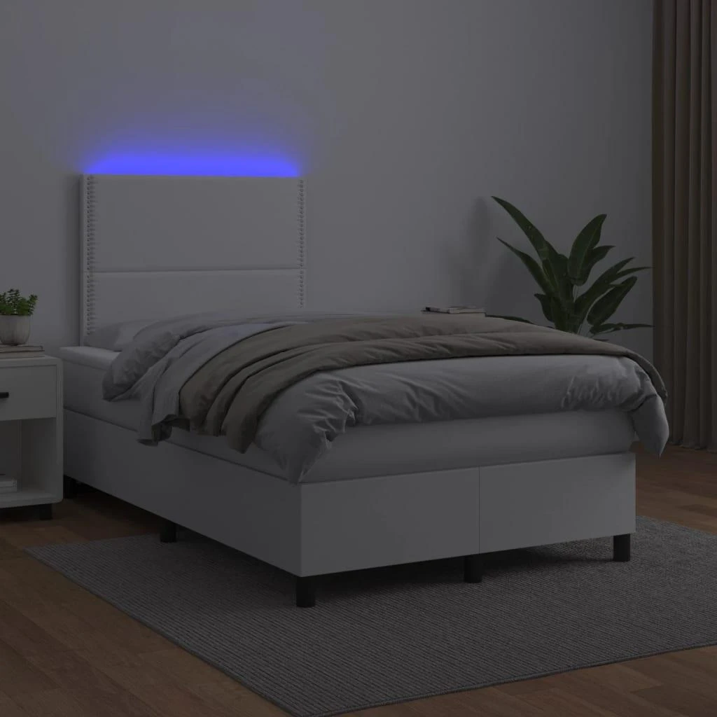 Lova su spyruoklėmis/čiužiniu/LED, balta 120x200cm dirbtinė oda