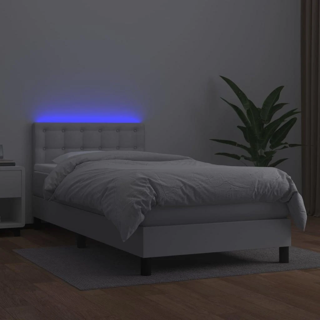 Lova su spyruoklėmis/čiužiniu/LED, balta, 90x190cm dirbtinė oda