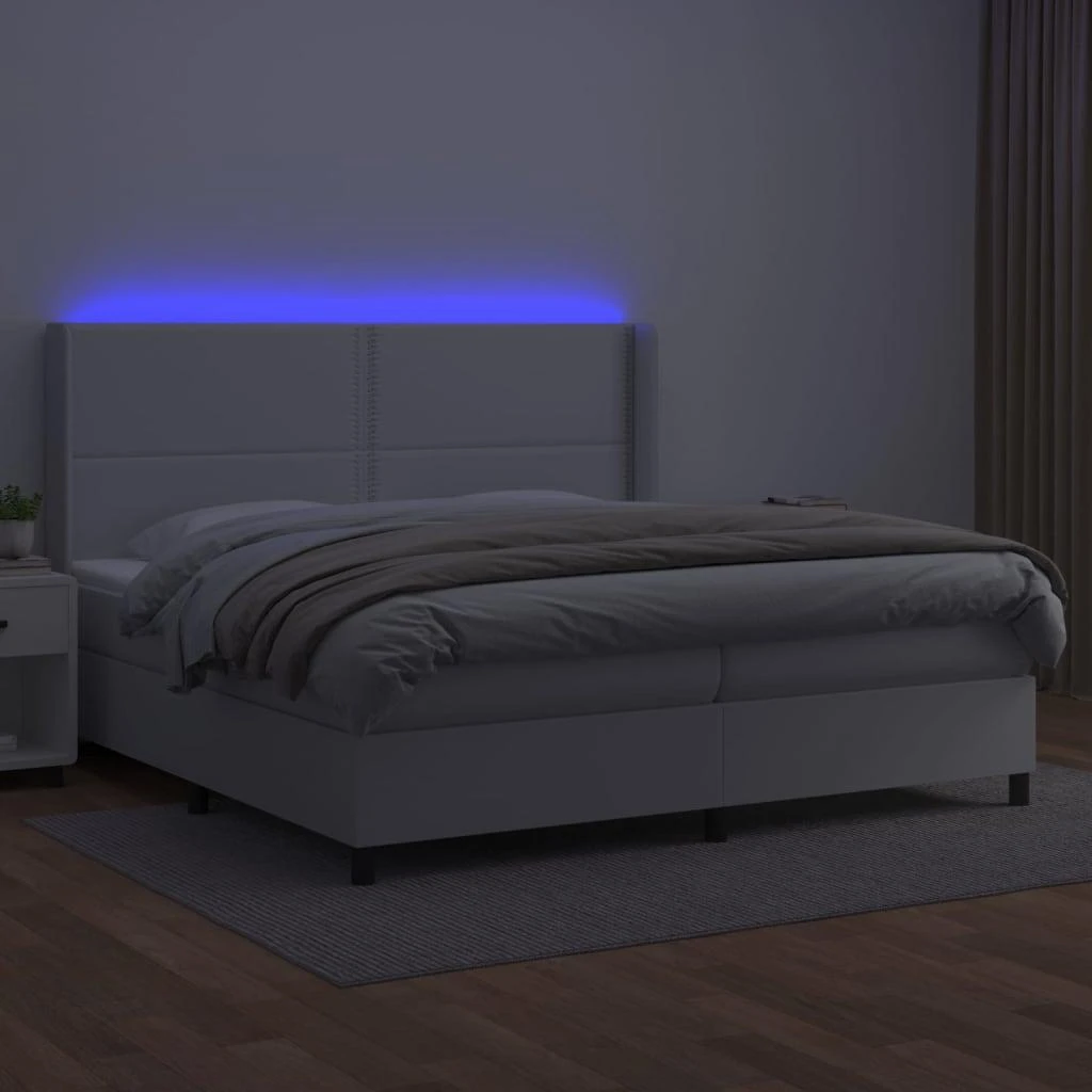 Lova su spyruoklėmis/čiužiniu/LED, balta 200x200cm dirbtinė oda