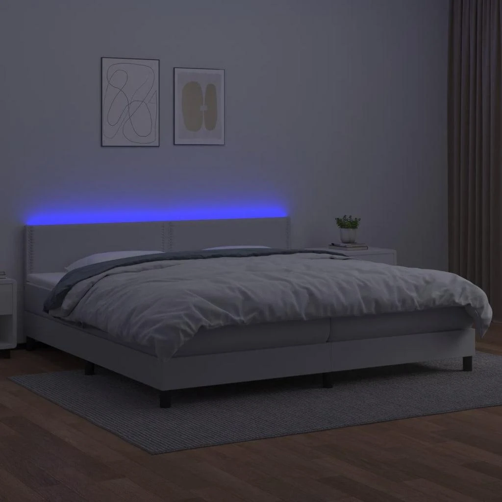 Lova su spyruoklėmis/čiužiniu/LED, balta 200x200cm dirbtinė oda