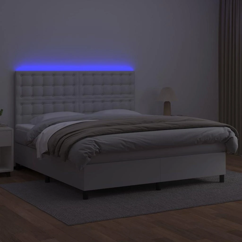 Lova su spyruoklėmis/čiužiniu/LED, balta 180x200cm dirbtinė oda