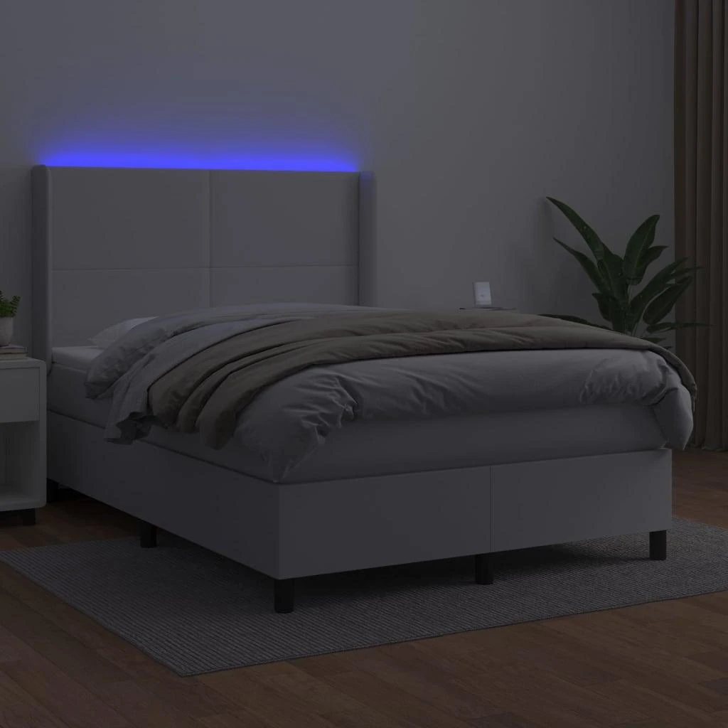 Lova su spyruoklėmis/čiužiniu/LED, balta 140x200cm dirbtinė oda