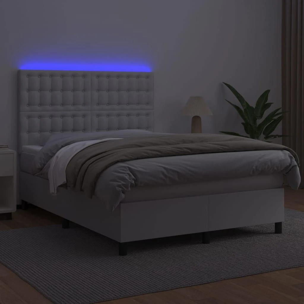 Lova su spyruoklėmis/čiužiniu/LED, balta 140x200cm dirbtinė oda