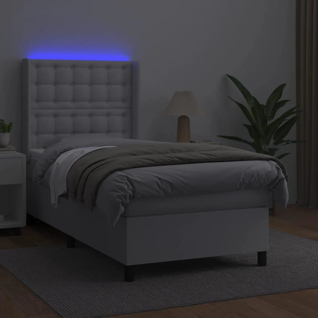 Lova su spyruoklėmis/čiužiniu/LED, balta 100x200cm dirbtinė oda