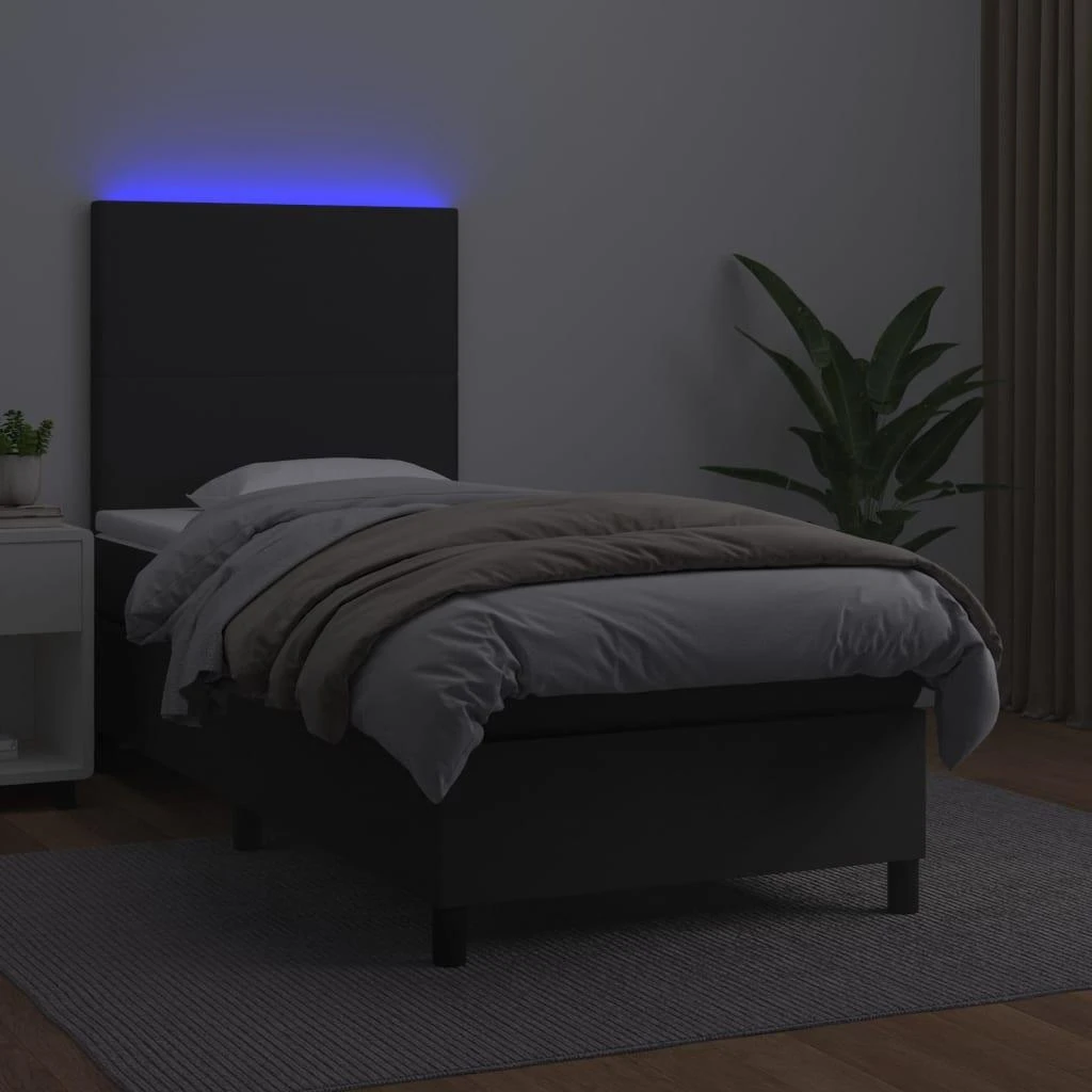 Lova su spyruoklėmis/čiužiniu/LED, juoda, 90x190cm dirbtinė oda
