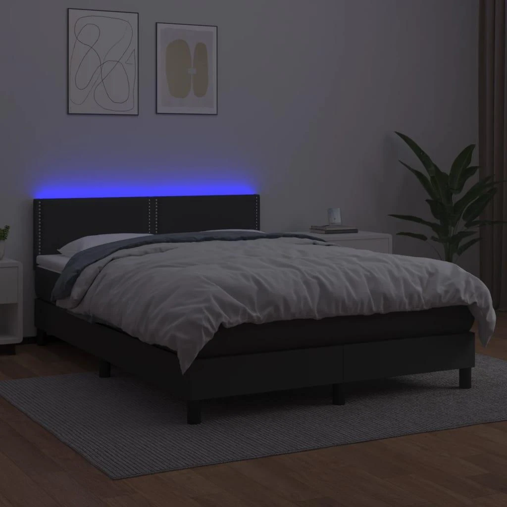 Lova su spyruoklėmis/čiužiniu/LED, juoda 140x200cm dirbtinė oda