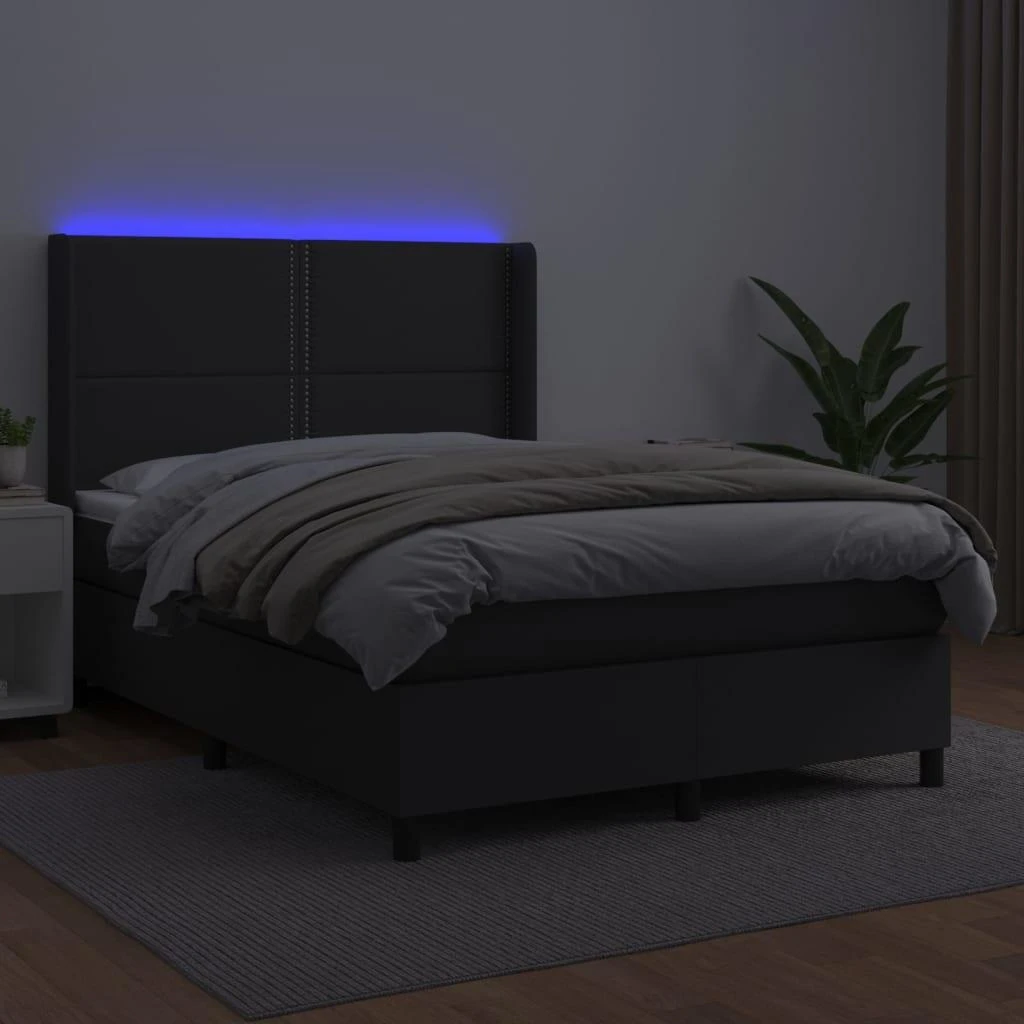 Lova su spyruoklėmis/čiužiniu/LED, juoda 140x200cm dirbtinė oda