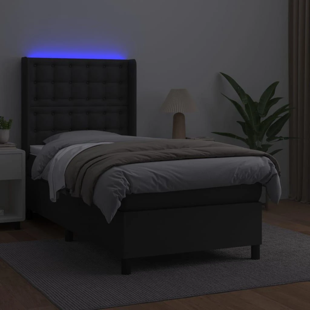 Lova su spyruoklėmis/čiužiniu/LED, juoda, 90x200cm dirbtinė oda