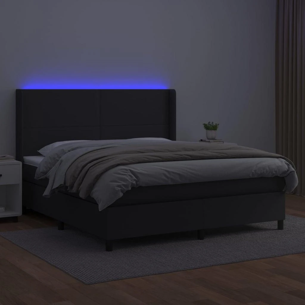 Lova su spyruoklėmis/čiužiniu/LED, juoda 160x200cm dirbtinė oda