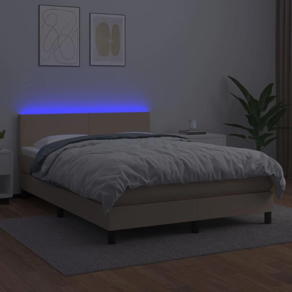 Lova su spyruoklėmis/čiužiniu/LED, kapučino, 140x200cm dirbtinė