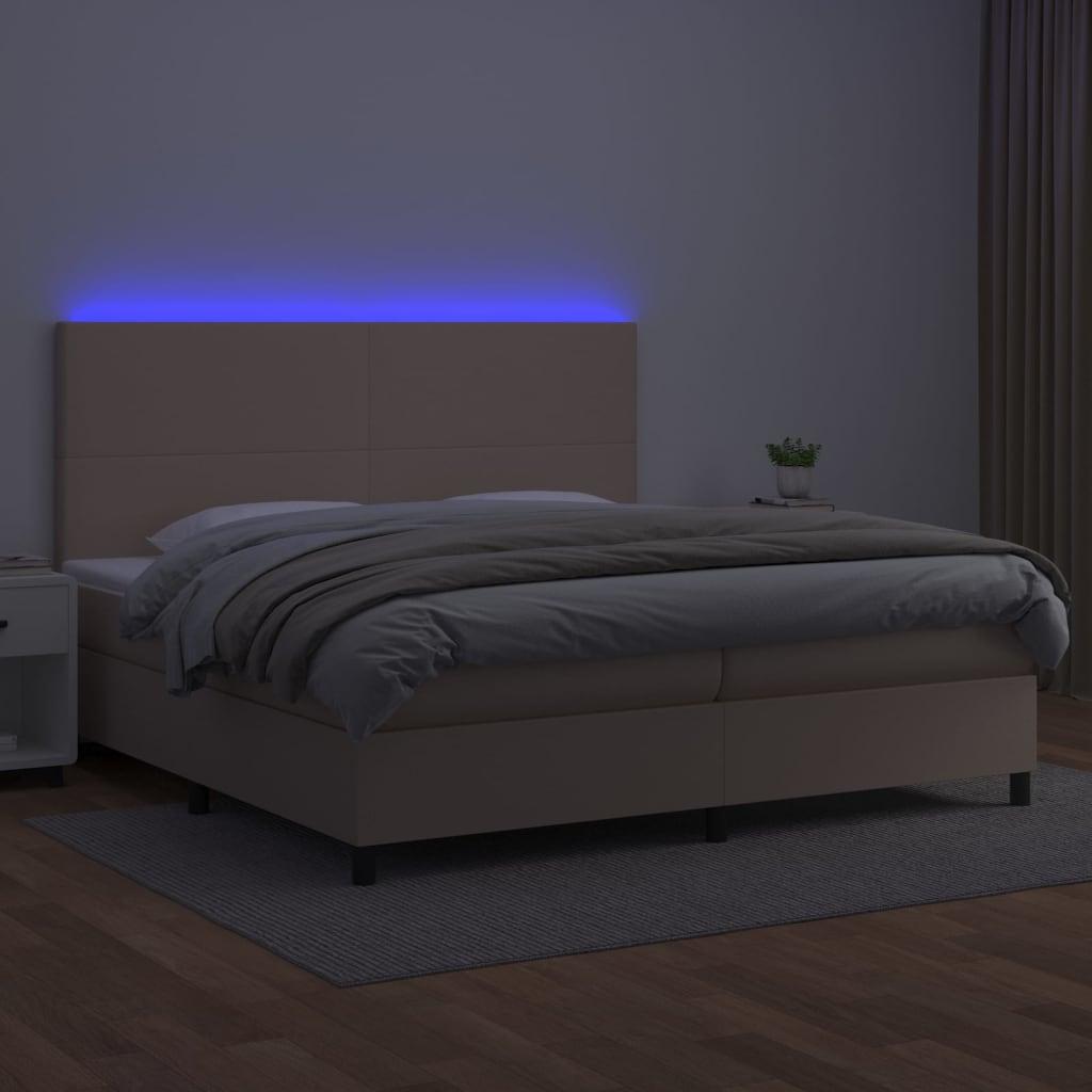 Lova su spyruoklėmis/čiužiniu/LED, kapučino, 200x200cm dirbtinė