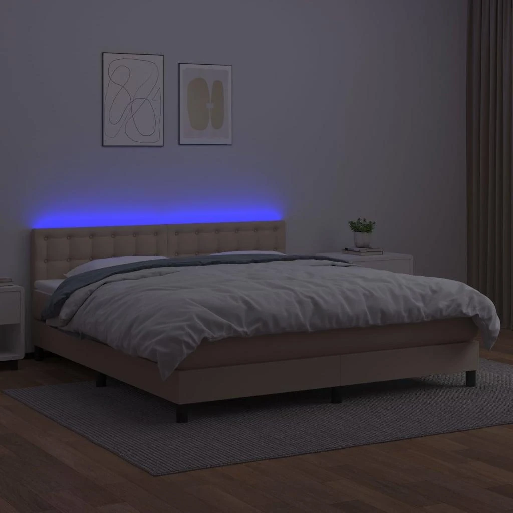 Lova su spyruoklėmis/čiužiniu/LED, kapučino, 160x200cm dirbtinė