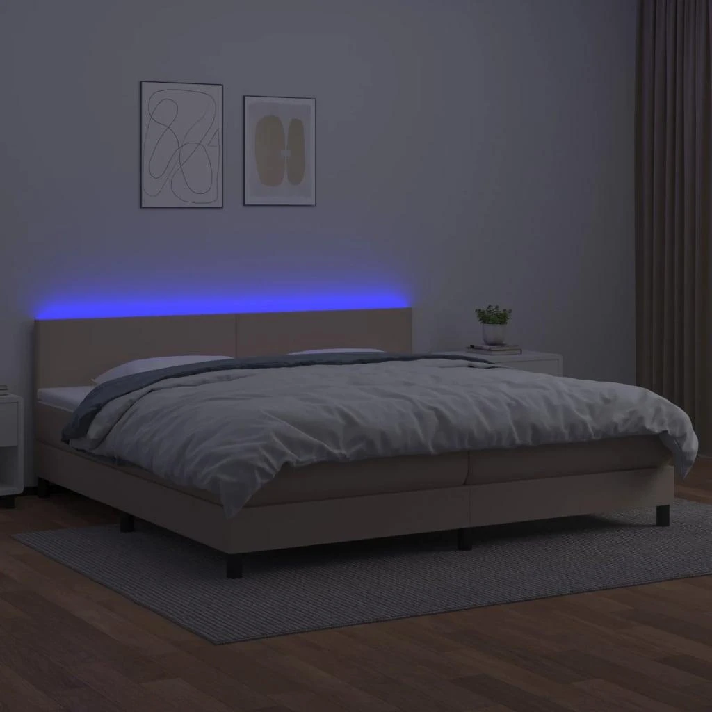 Lova su spyruoklėmis/čiužiniu/LED, kapučino, 200x200cm dirbtinė